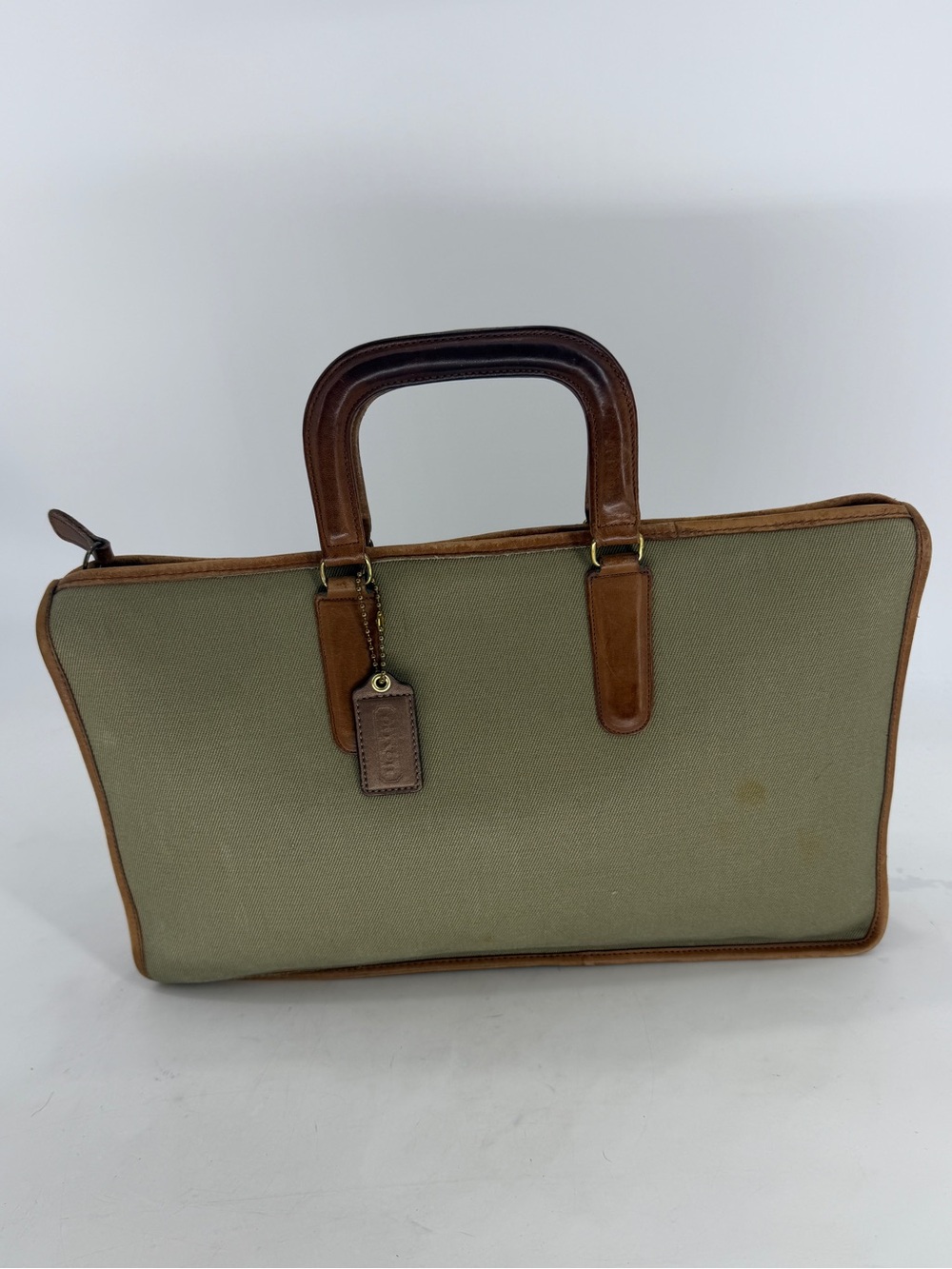 Coach Vintage Olive Canvas Twill Slim Satchel with Brown Leather Trim